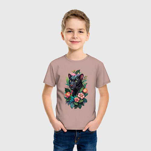 Детская футболка Черная пантера среди цветов / Пыльно-розовый – фото 3