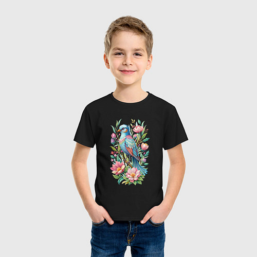 Детская футболка Красивая голубая птица среди цветов / Черный – фото 3