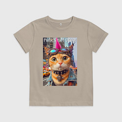Футболка хлопковая детская Котёнок панк музыкант из Нью-Йорка - нейросеть, цвет: миндальный