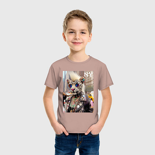 Детская футболка Леопард альбинос панк музыкант из Нью-Йорка - нейр / Пыльно-розовый – фото 3