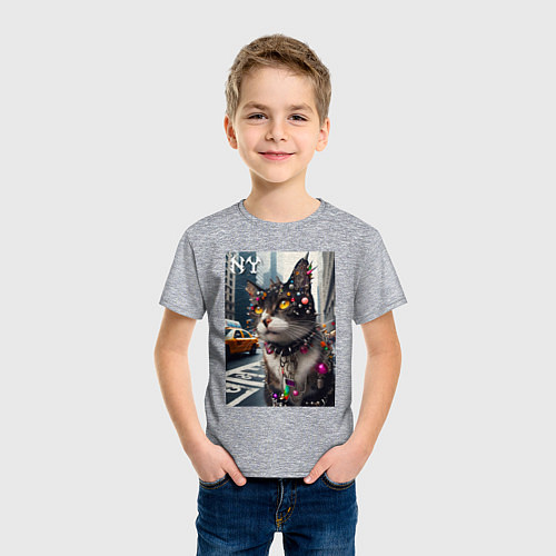 Детская футболка Пирсинг Нью-Йоркского кота - нейросеть / Меланж – фото 3