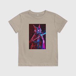 Футболка хлопковая детская Кот самурай киберпанк, цвет: миндальный