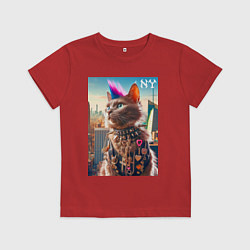 Футболка хлопковая детская Funny cat punk from New York - ai art, цвет: красный