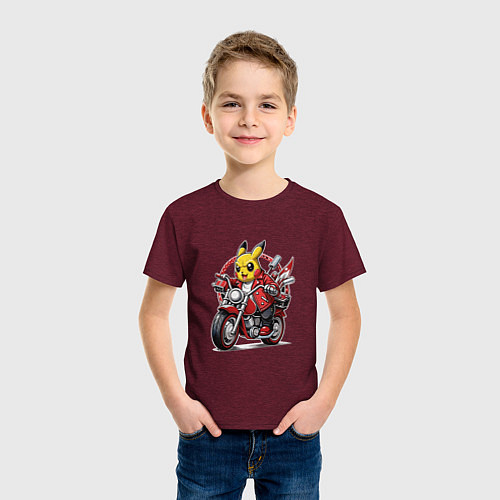 Детская футболка Пикачу мчится на мотоцикле / Меланж-бордовый – фото 3