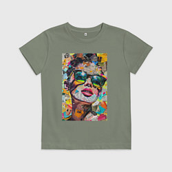 Футболка хлопковая детская Лицо девушки из обрезков газет и журналов, цвет: авокадо
