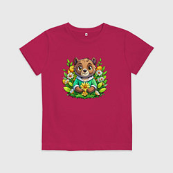 Футболка хлопковая детская Медведь среди цветов, цвет: маджента