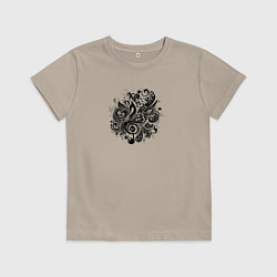 Футболка хлопковая детская Орнамент со скрипичным ключом тату стиль, цвет: миндальный