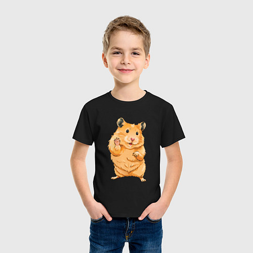 Детская футболка Милый хомяк машет лапкой / Черный – фото 3