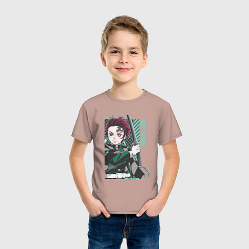 Детская футболка Клинок рассекающий демонов Тандзиро зеленый / Пыльно-розовый – фото 3