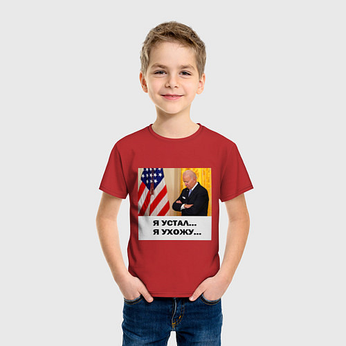 Детская футболка Мем Байден и американский флаг: я устал я ухожу / Красный – фото 3