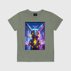 Футболка хлопковая детская Cyber Pikachu - metal style neon glow, цвет: авокадо