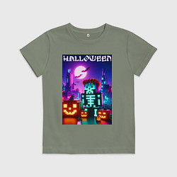 Футболка хлопковая детская Pumpkin and skeleton - neon glow, цвет: авокадо