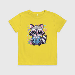 Футболка хлопковая детская Енот читающий книгу, цвет: желтый