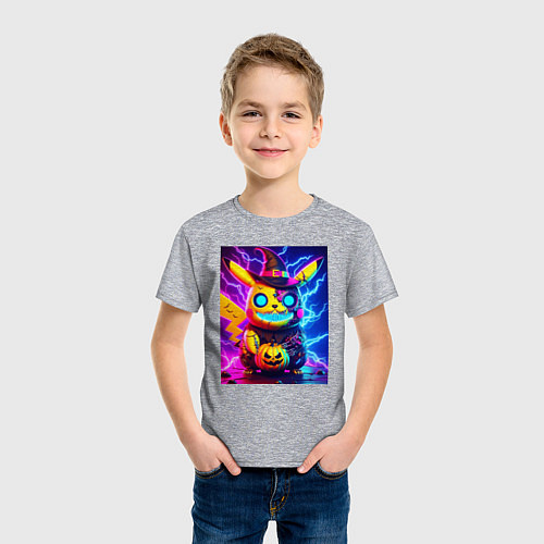 Детская футболка Пикачу киберпанк зомби - неоновое свечение / Меланж – фото 3