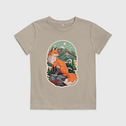 Футболка хлопковая детская Лиса и горы, цвет: миндальный