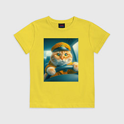 Футболка хлопковая детская Рыжий кот опытный водитель - нейроарт, цвет: желтый