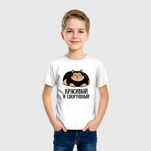 Детская футболка Красивый и спортивный толстый кот / Белый – фото 3