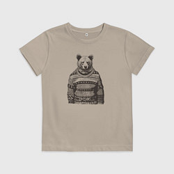 Футболка хлопковая детская Медведь в свитере новогодний, цвет: миндальный