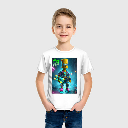 Детская футболка Барт Симпсон со скейтбордом под проливным дождём - / Белый – фото 3