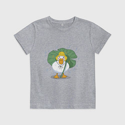 Футболка хлопковая детская Милая уточка гусь под листом в шляпке в дождь, цвет: меланж