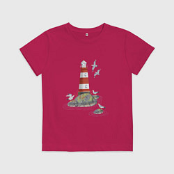 Футболка хлопковая детская Маяк и чайки на берегу моря, цвет: маджента