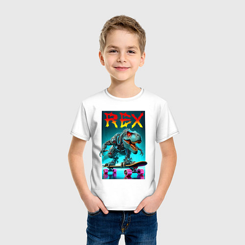 Детская футболка Tyrannosaur rex on a skateboard - ai art fantasy / Белый – фото 3