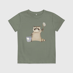 Футболка хлопковая детская Енот убирается, цвет: авокадо