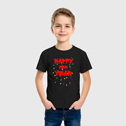 Футболка хлопковая детская Happy New Year ярко-красным, цвет: черный — фото 2