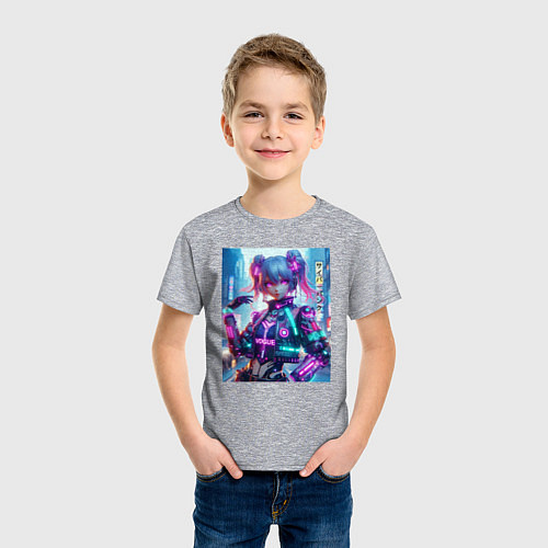 Детская футболка Модная красотка - киберпанк / Меланж – фото 3