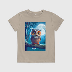 Футболка хлопковая детская Милый совёнок на фоне луны - нейроарт фантазия, цвет: миндальный