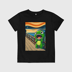 Футболка хлопковая детская Динозаврик кричит на картине Эдварда Мунка - мем и, цвет: черный