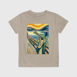 Футболка хлопковая детская Крокодил кричит на картине Эдварда Мунка - мем иск, цвет: миндальный