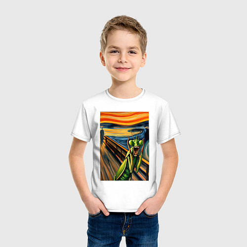 Детская футболка Богомол кричит на картине Эдварда Мунка - мем иску / Белый – фото 3