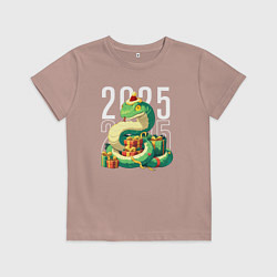 Футболка хлопковая детская Новогодняя зелёная змея 2025, цвет: пыльно-розовый