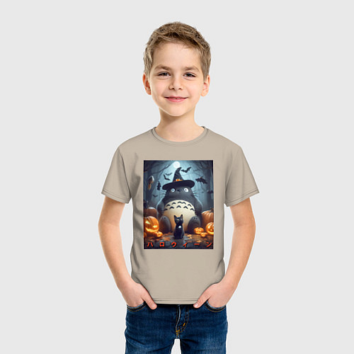 Детская футболка Totoro and black cat - halloween fantasy / Миндальный – фото 3
