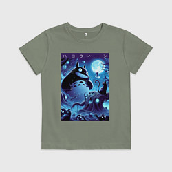 Футболка хлопковая детская Тоторо в сказочном лесу в ночь на хэллоуин, цвет: авокадо