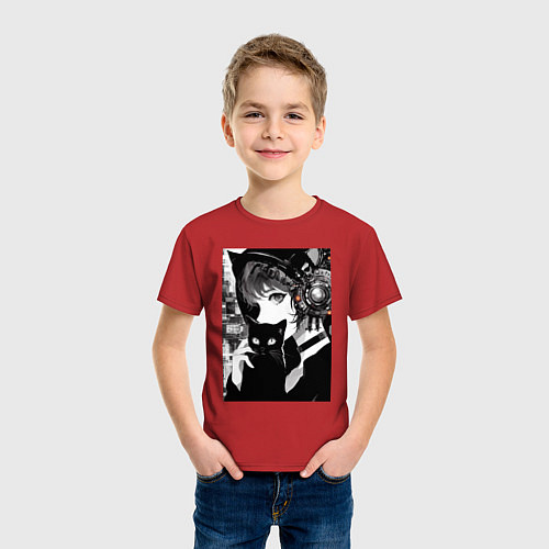 Детская футболка Girl with black kitten anime - cyberpunk / Красный – фото 3