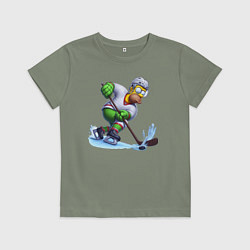 Футболка хлопковая детская Гомер Симпсон - крутой хоккеист, цвет: авокадо