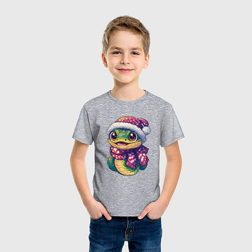 Детская футболка Зеленая милая добрая змейка / Меланж – фото 3