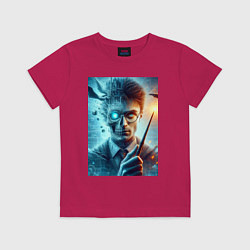 Футболка хлопковая детская Harry Potter - wizard with magic stick, цвет: маджента