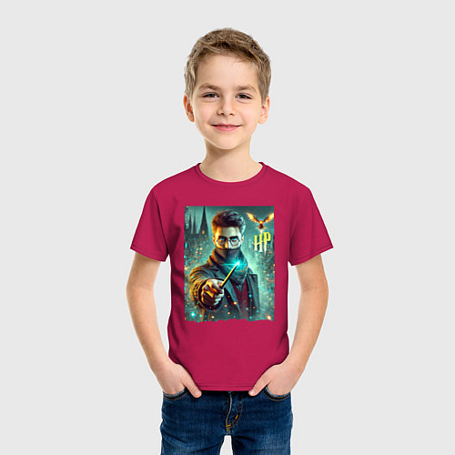 Детская футболка Harry Potter with a magic wand - ai art fantasy / Маджента – фото 3