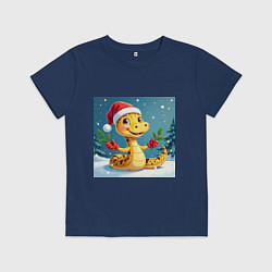 Футболка хлопковая детская Символ 2025 нового года змея в шаке Санты, цвет: тёмно-синий