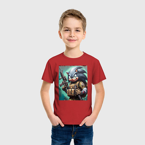 Детская футболка Ёжик Соник солдат спецназа - нейроарт / Красный – фото 3