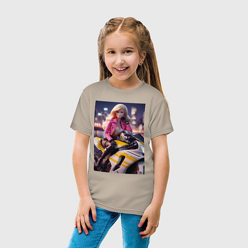 Детская футболка Barbie on a Kawasaki sports motorcycle / Миндальный – фото 4