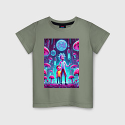 Футболка хлопковая детская Rick and Morty among neon mushrooms - ai art fanta, цвет: авокадо