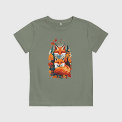Футболка хлопковая детская Лисы и осенний пейзаж, цвет: авокадо