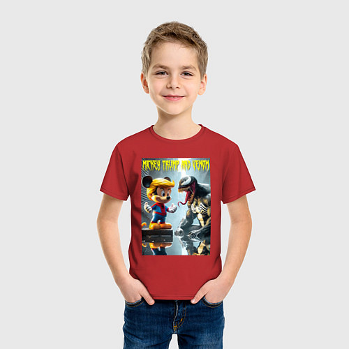 Детская футболка Mickey Trump and Venom - ai art fantasy / Красный – фото 3