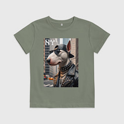 Футболка хлопковая детская Чувак бультерьер житель Нью-Йорка, цвет: авокадо