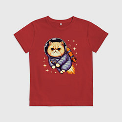 Футболка хлопковая детская Котик бравый космонавт с джетпаком, цвет: красный