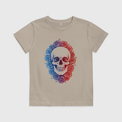 Футболка хлопковая детская Череп и сине-красные розы, цвет: миндальный